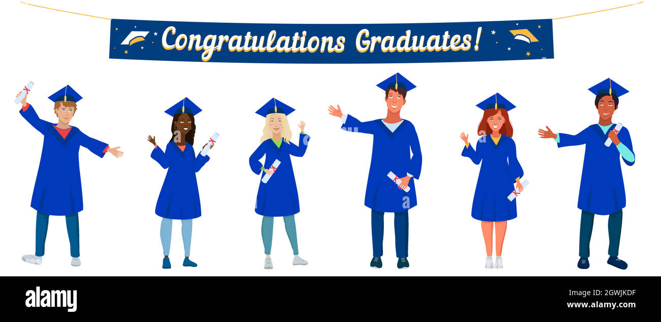 Group of happy multicultural graduate students wearing academic dress, gown or robe, holding diploma. Boys and girls celebrating university graduation, kipping distans. Class 2021 vector illustration. Stock Vector