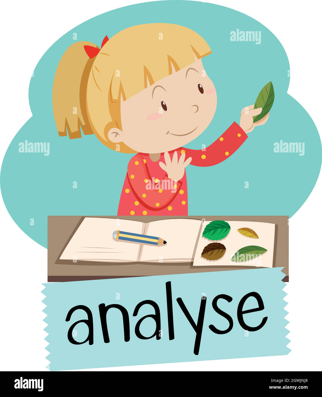 Wordcard for analyse with girl looking at leaves Stock Vector