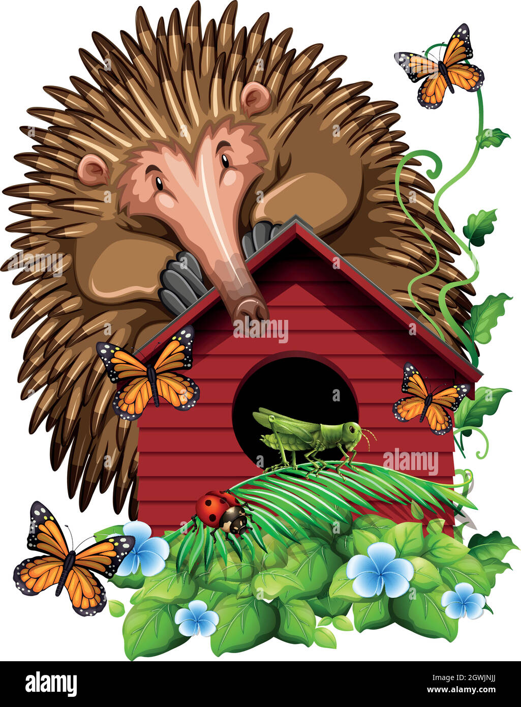 Hedghog over the birdhouse Stock Vector