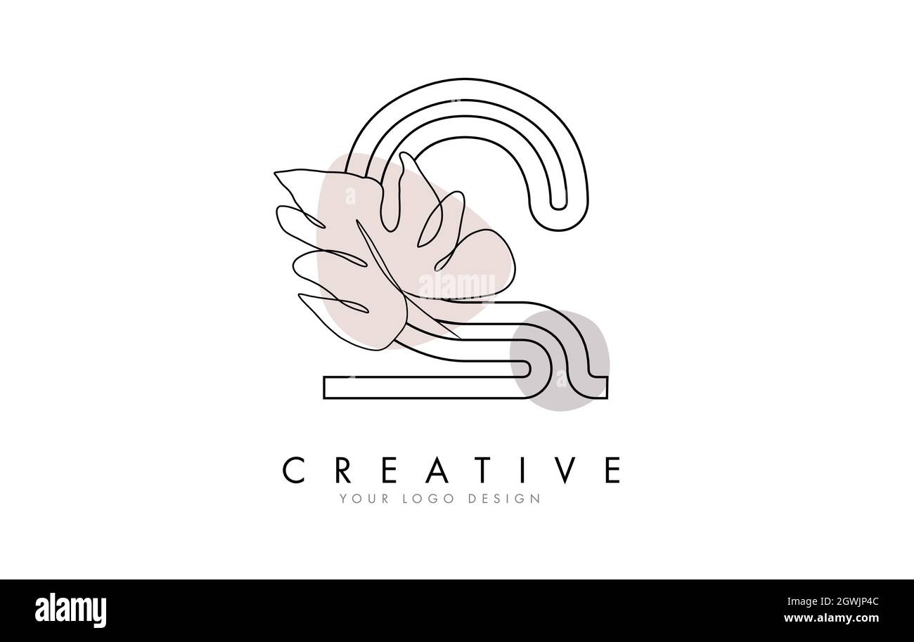 Black Outline C letter logo design with Monstera Leaf One Line Drawing ...