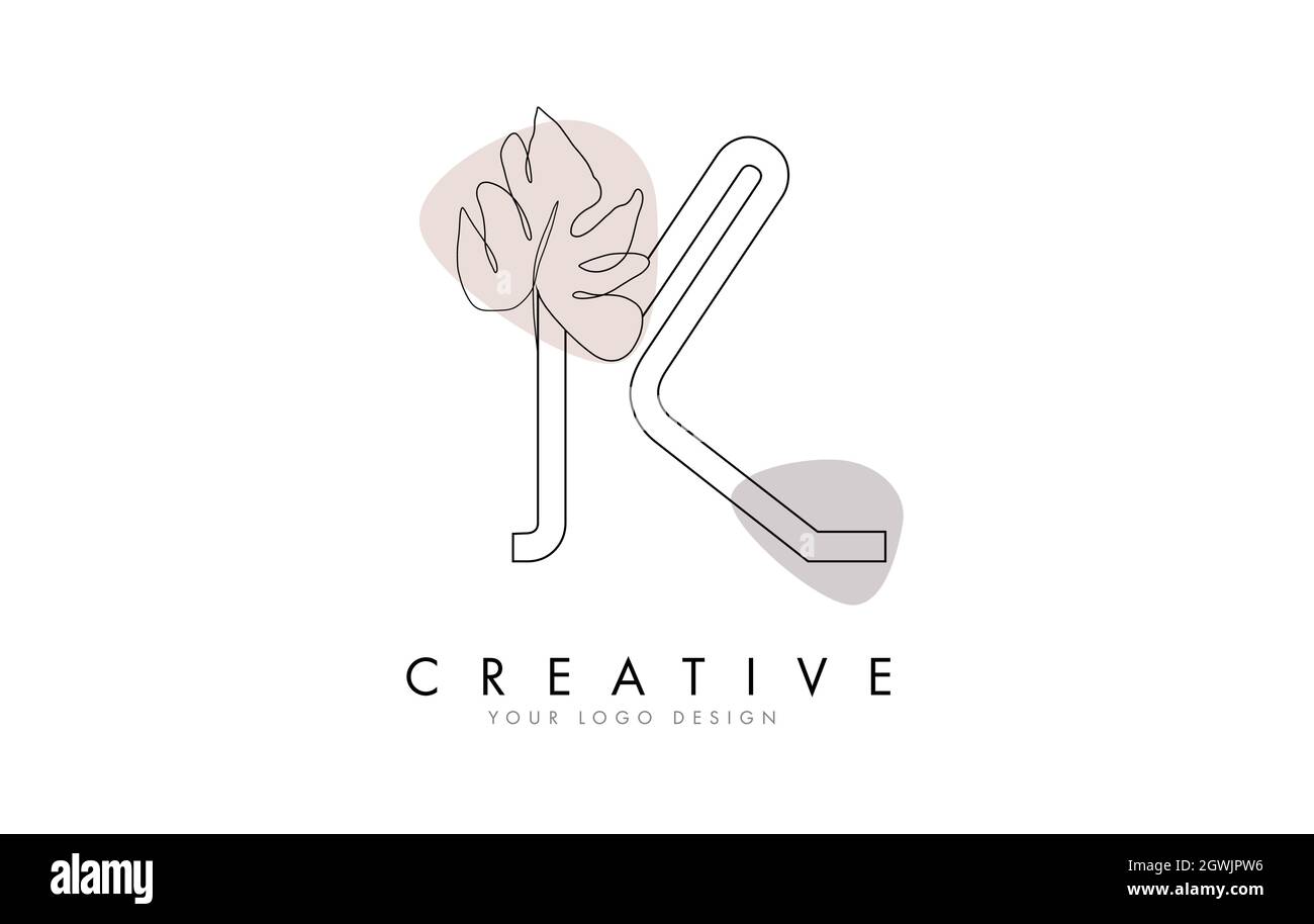 Black Outline K letter logo design with Monstera Leaf One Line Drawing ...