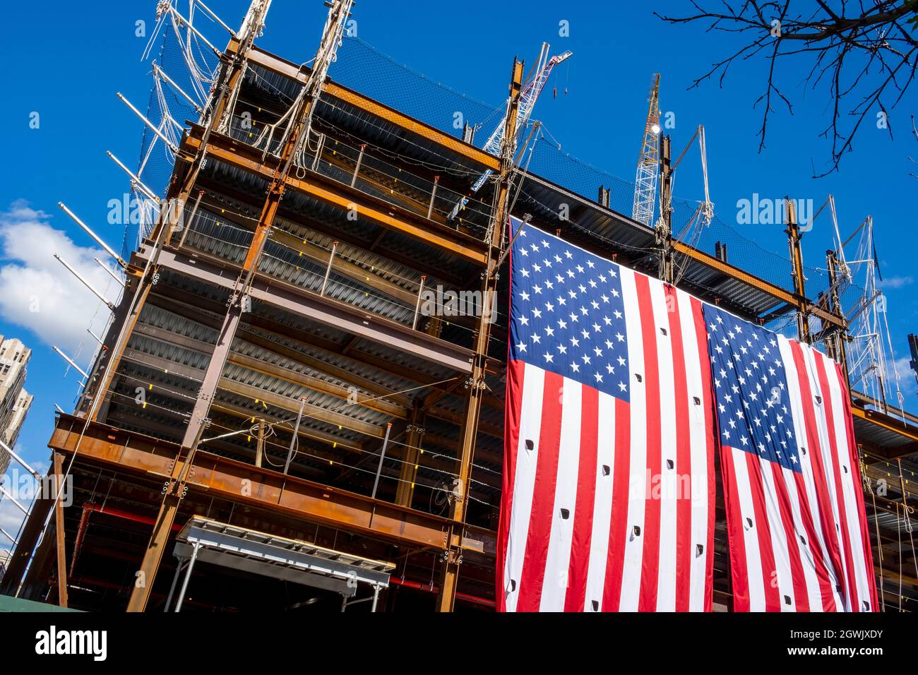 New York New York Usa 1st Oct 21 Giant Flags Grace The Construction Of The New Disney Headquarters At 4 Hudson Square Nyc Film Studios Office Space Retail Space Are Slated For New York New York Usa 1st Oct 21 Giant Flags Grace The Construction Of The New Disney Headquarters At 4 Hudson Square Nyc Film Studios Office Space Retail Space Are Slated For