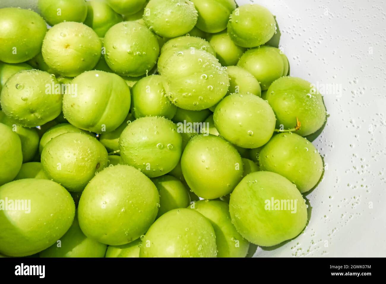 Washed Green Plums In Water Stock Photo Alamy