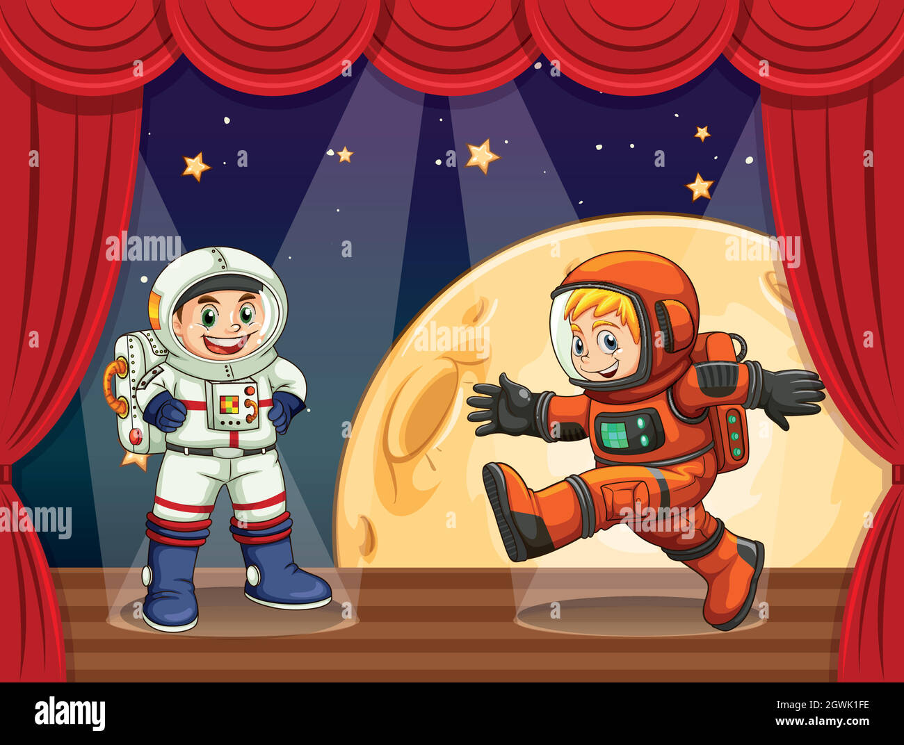 Two astronauts walking on stage Stock Vector