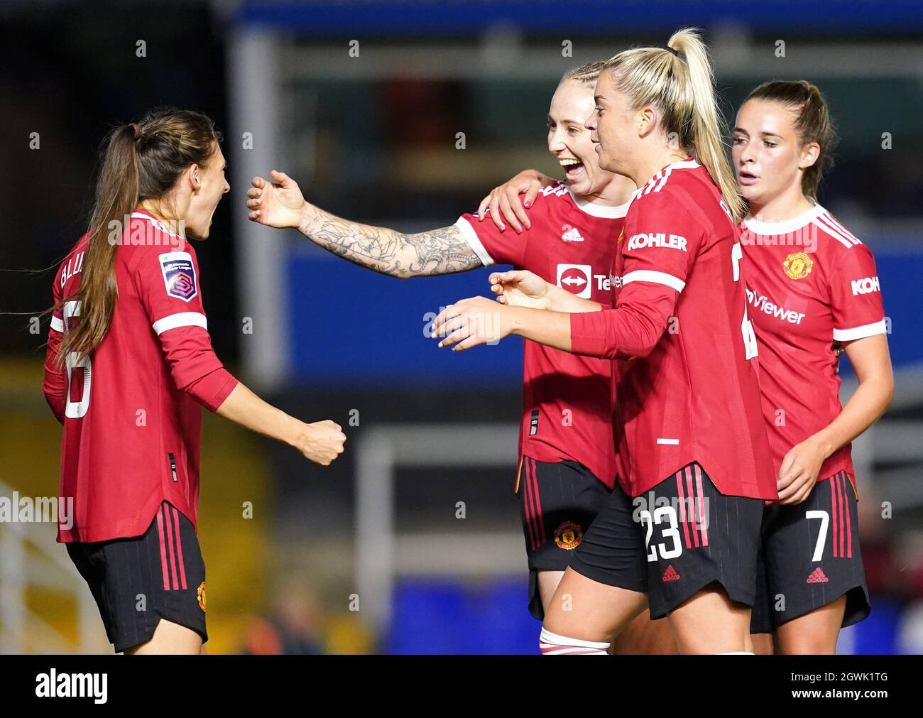 Manchester United's Leah Galton (centre left) celebrates scoring their side's first goal of the game during the FA Women's Super League match at St. Andrew's, Birmingham. Picture date: Sunday October 3, 2021. Stock Photo