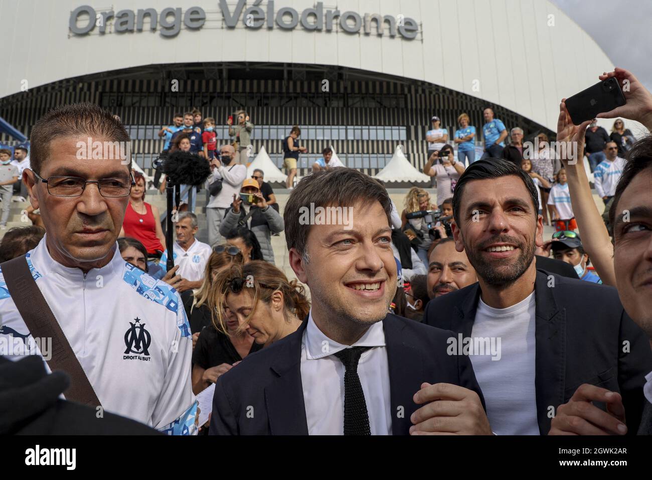 Benoît Payan, mayor of Marseille, during the tribute to Bernard Tapie,  former president of Olympique de Marseille, in front of the Orange  Velodrome, in Marseille, France, on October 03, 2021. Photo by