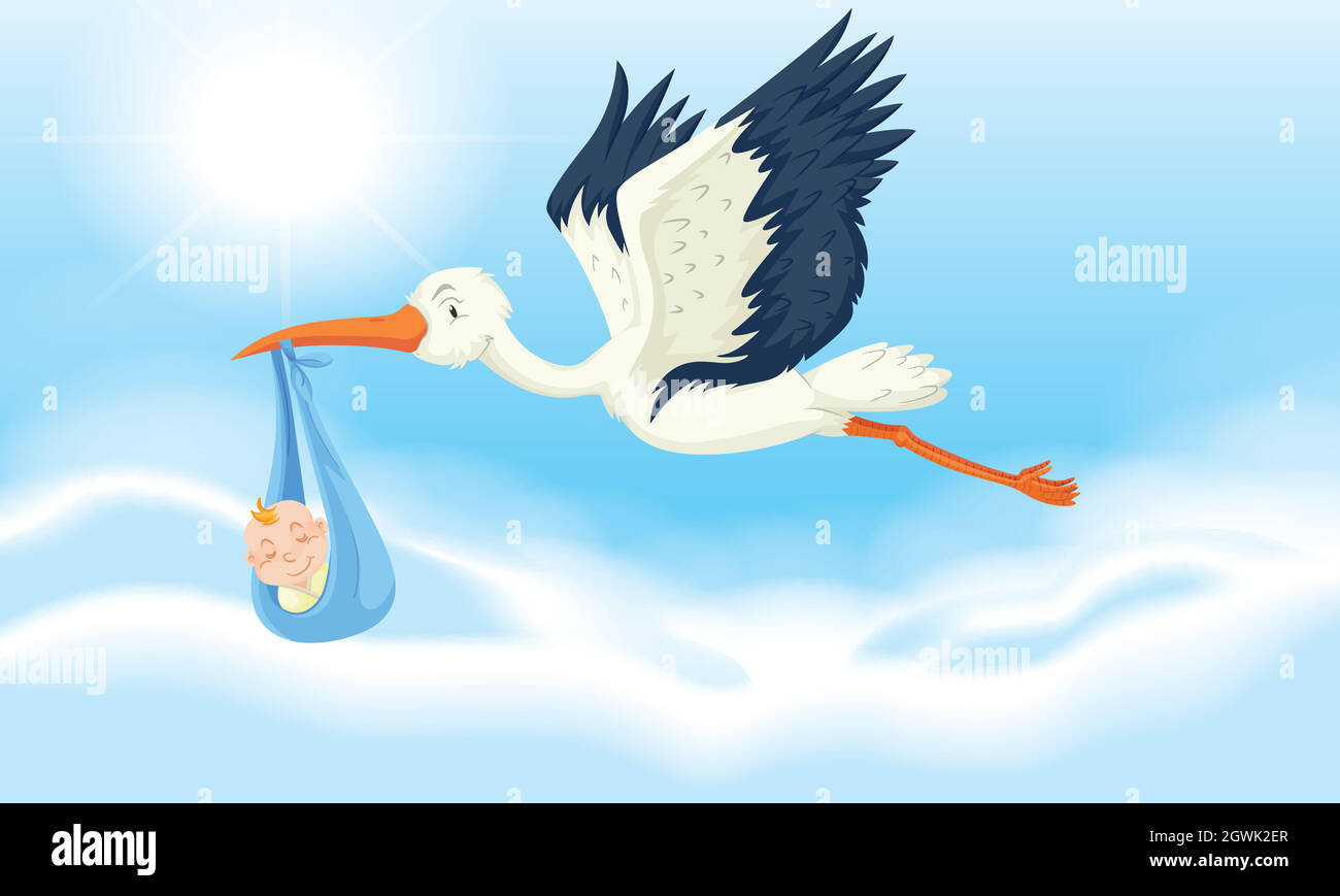 Stork baby delivering newborn boy Stock Vector