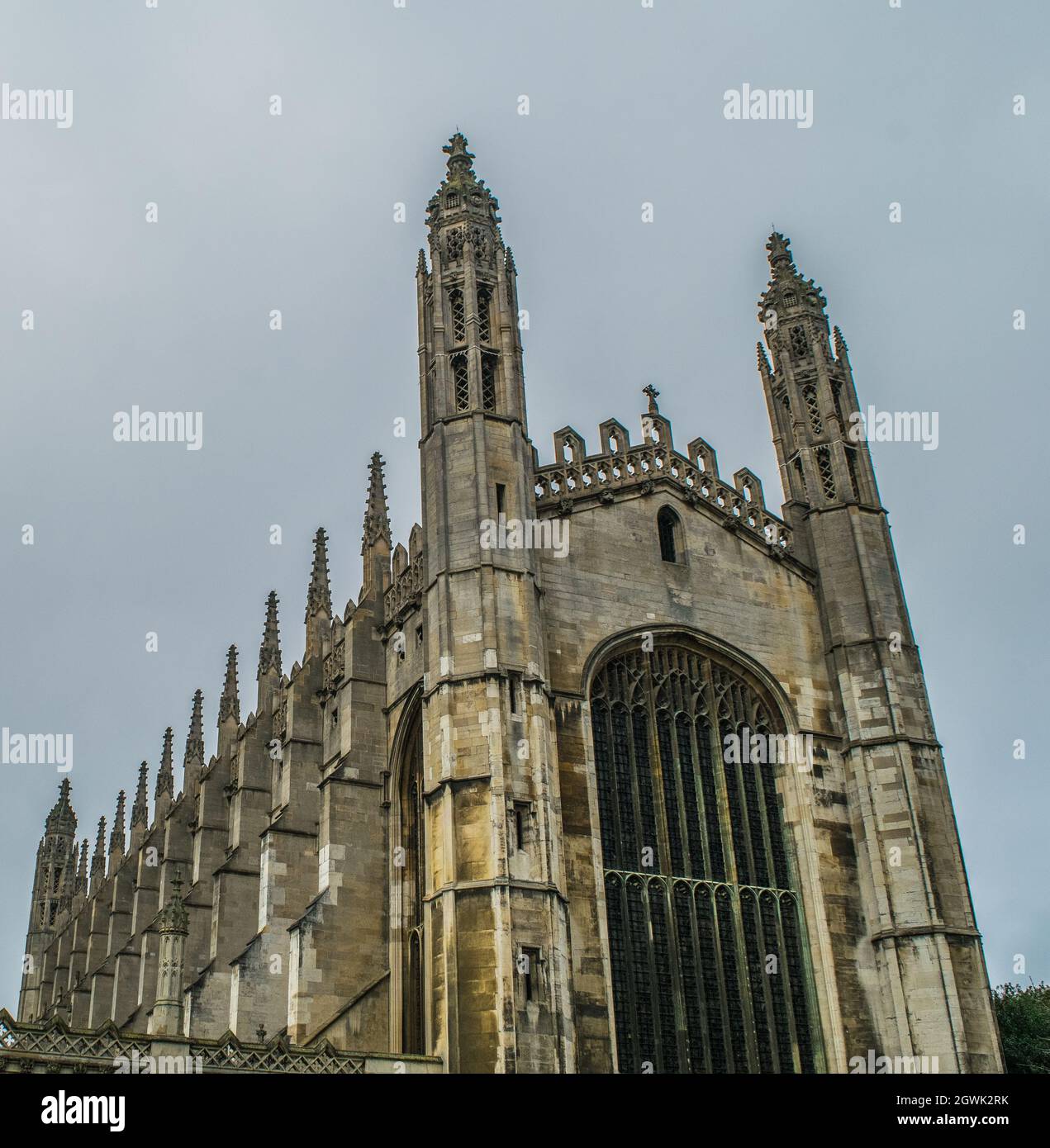 Facade of Gothic King's College Chapel with ornate stained glass