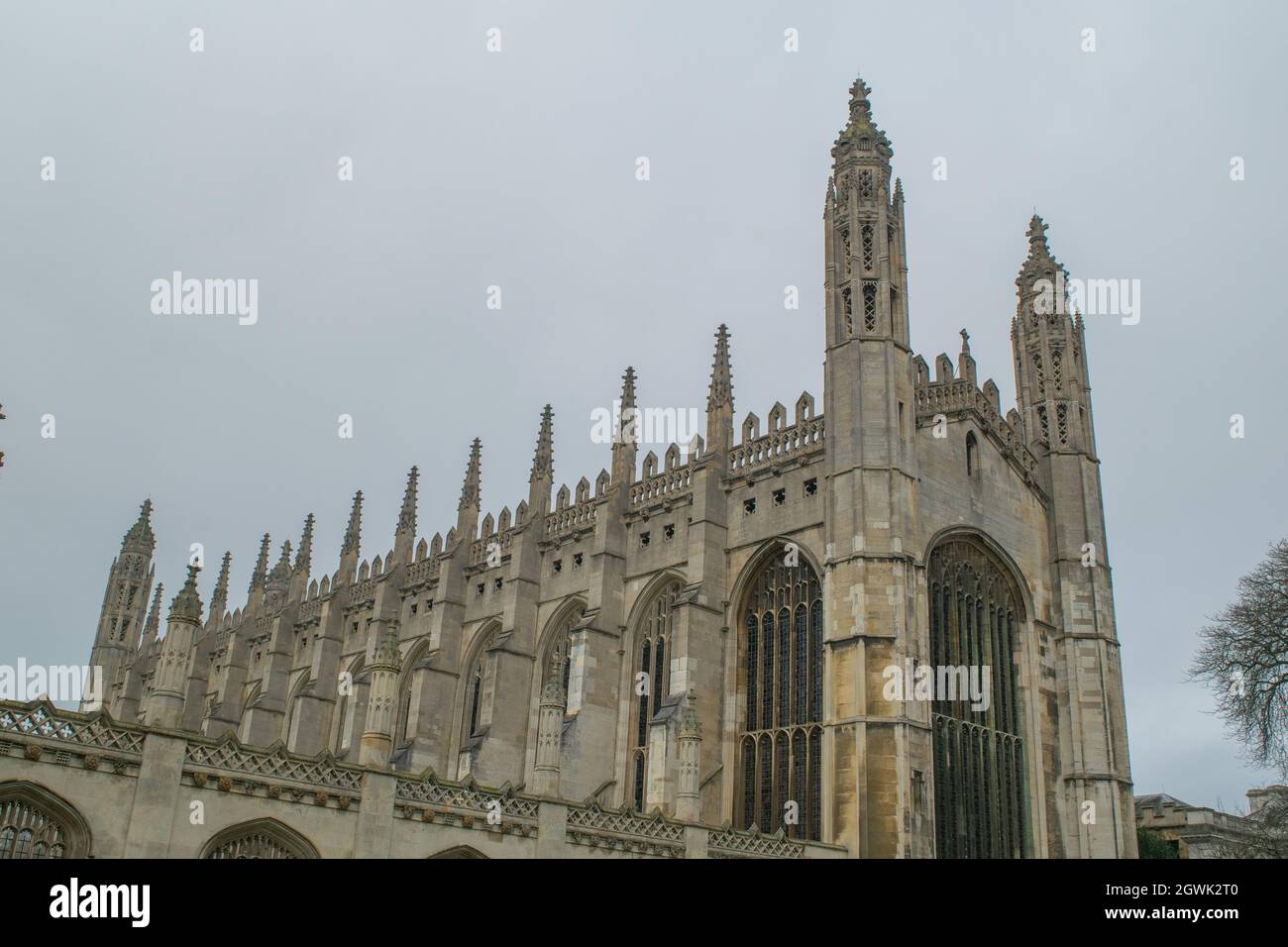 Facade of impressive Gothic King's College Chapel with ornate stained