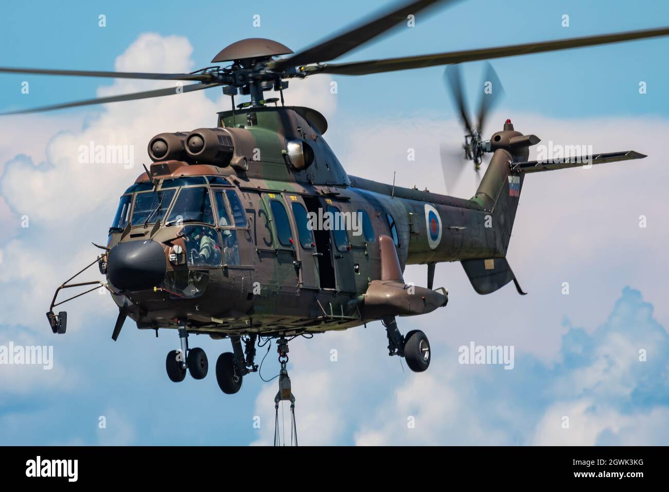 Cerklje, Slovenia - June 3, 2018: Military helicopter at air base. Air  force firefighting. Aviation and aircraft. Water bomber and dropping.  Military Stock Photo - Alamy