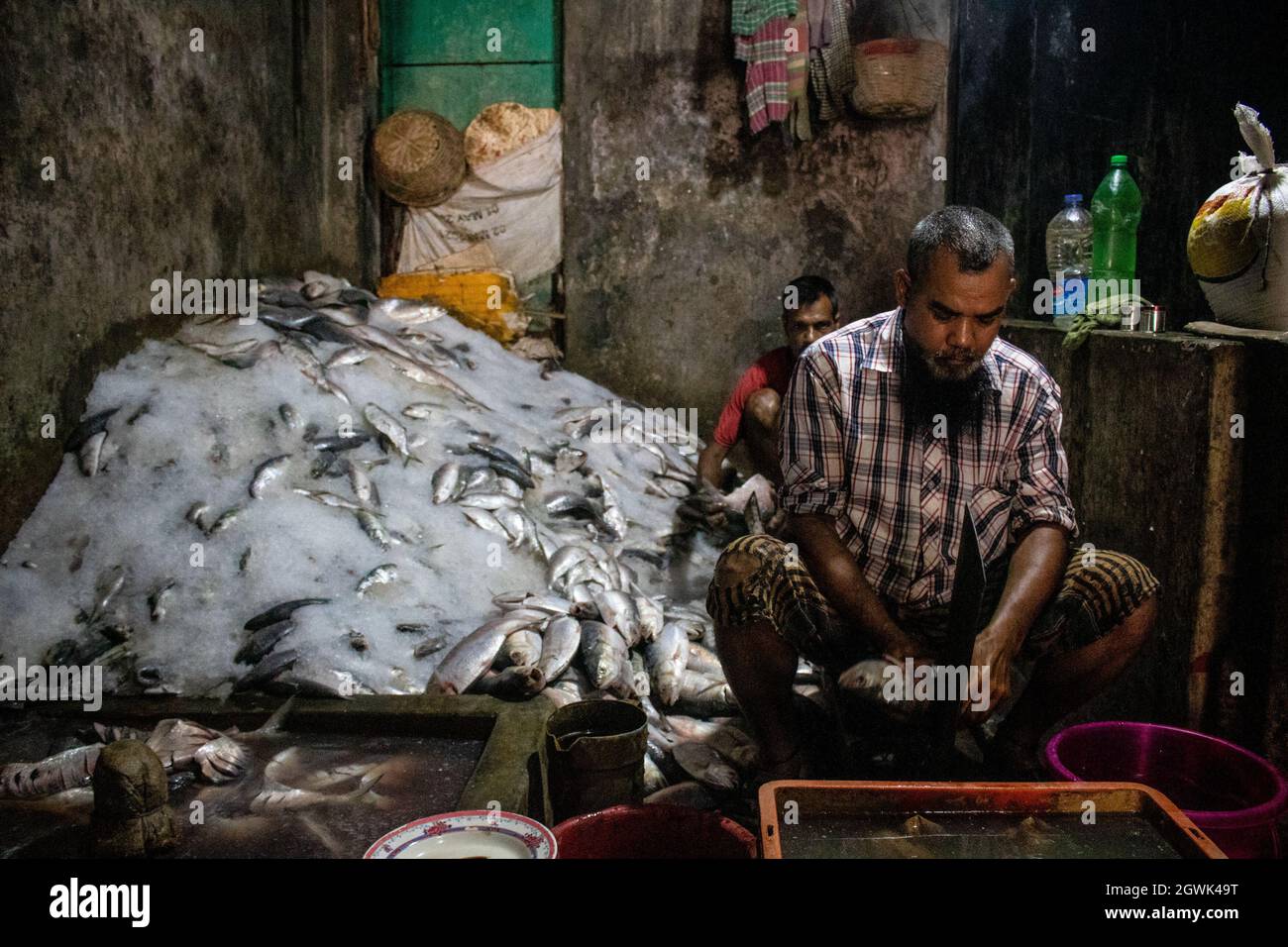 Barishal, Bangladesh. 03rd Oct, 2021. A worker is holding a Hilsha fish