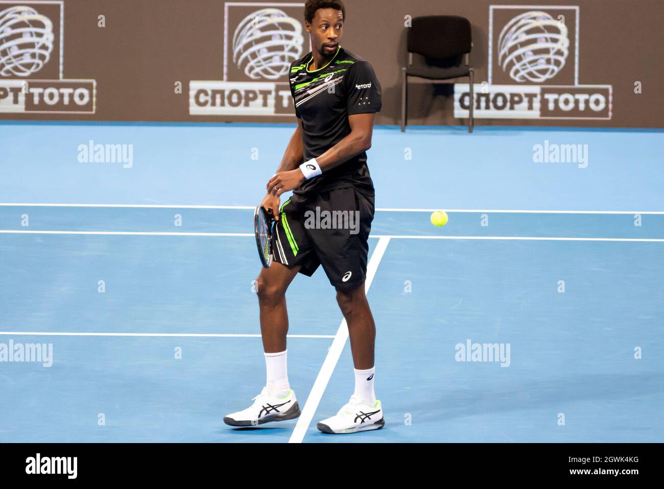 Gael Monfils of France walking out of court in disappointment defeated 6:3 6:4 by Jannik Sinner of Italy at the the Sofia Open 2021 ATP 250 indoor tennis tournament final, Sofia, Bulgaria, Alamy Live News Stock Photo