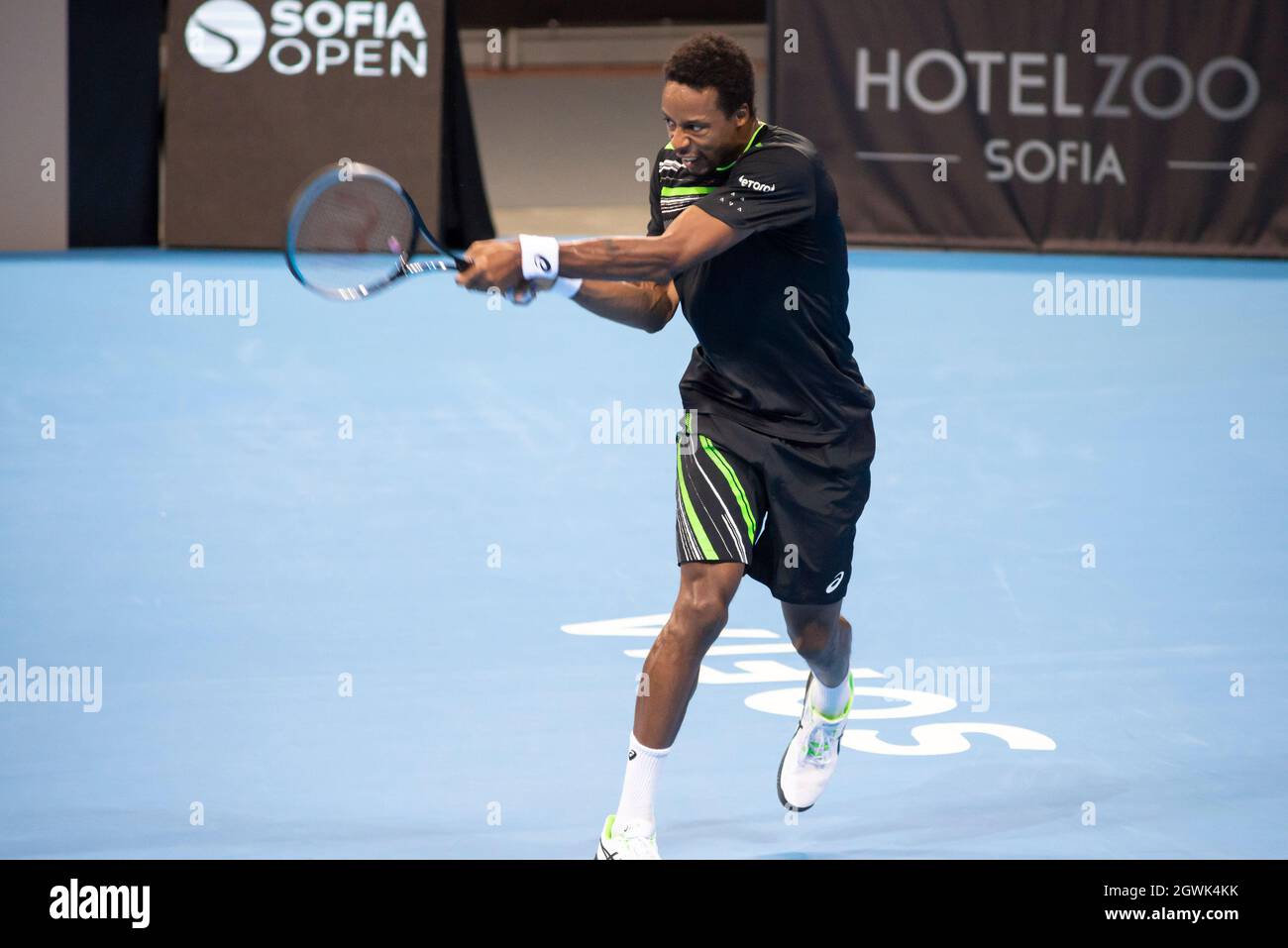 Sofia, Bulgaria. 03 October 2021. Gael Monfils of France in action against  Jannik Sinner of Italy during the men's singles final of the Sofia Open 2021 ATP 250 indoor tennis tournament on hard courts. Credit: Ognyan Yosifov/Alamy Live News Stock Photo