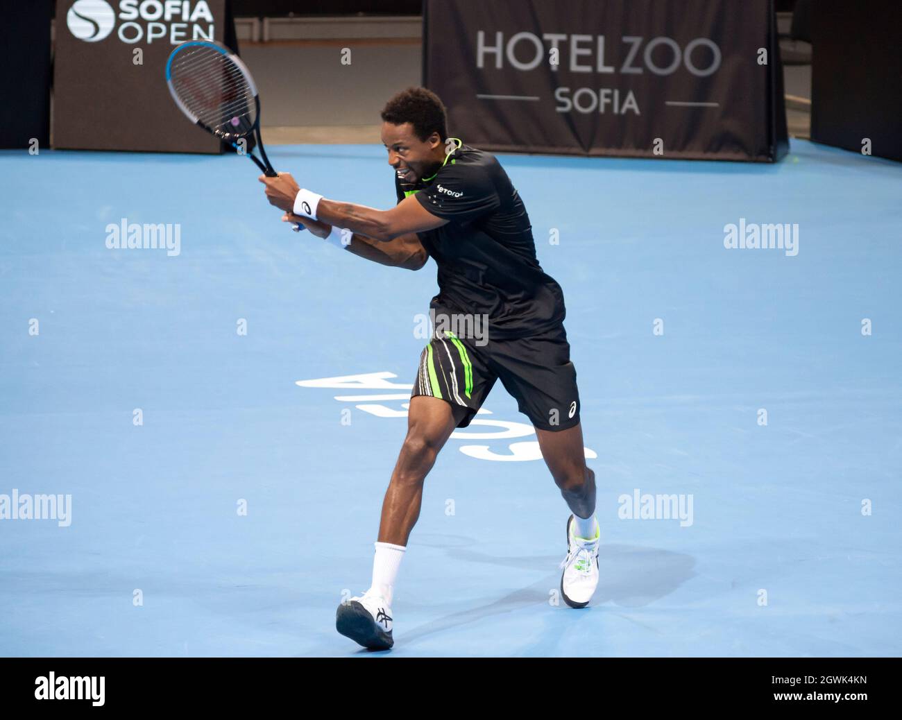 Gael Monfils, French tennis player, in action, play, playing, final, Sofia Open 2021, ATP 250, indoor tennis tournament, hard courts, Ognyan Yosifov, Alamy Live News, sport news 2021, 2021 tennis, ATP 250 2021, blue hard court, indoor championship, indoor tournament, Stock Photo