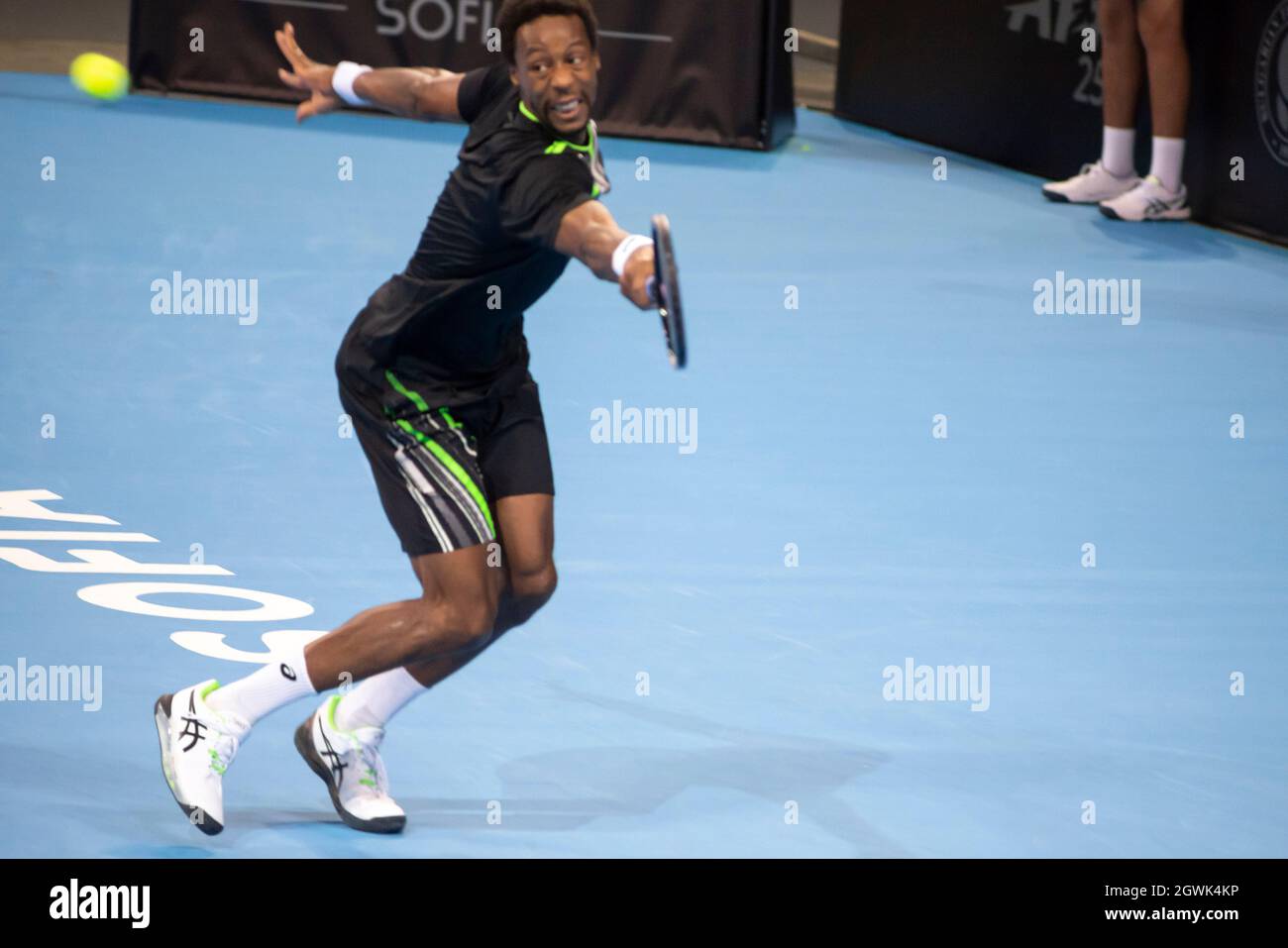 The French tennis player Gael Monfils in action against Jannik Sinner of Italy during the final of the Sofia Open 2021 ATP 250 indoor tennis tournament on hard courts, Alamy Live News Stock Photo