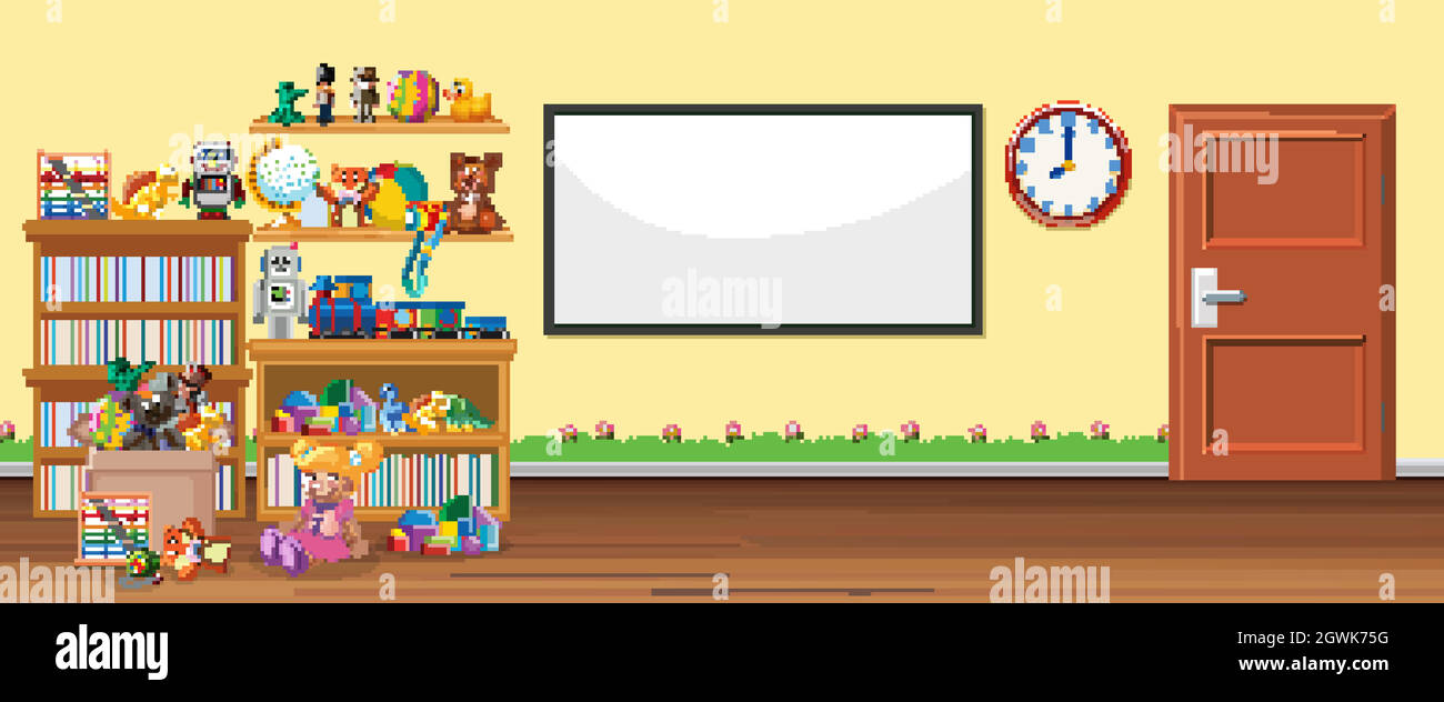 Background scene with whiteboard and toys Stock Vector