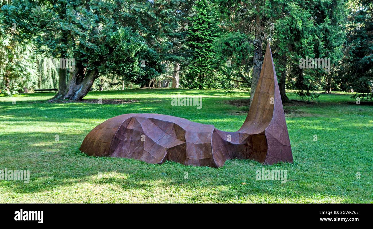 Harvest, A sculpture by Kevin Pierce, part of the Sculpture in Context exhibition in the Botanic Gardens, Dublin. Medium, weathering steel. Stock Photo