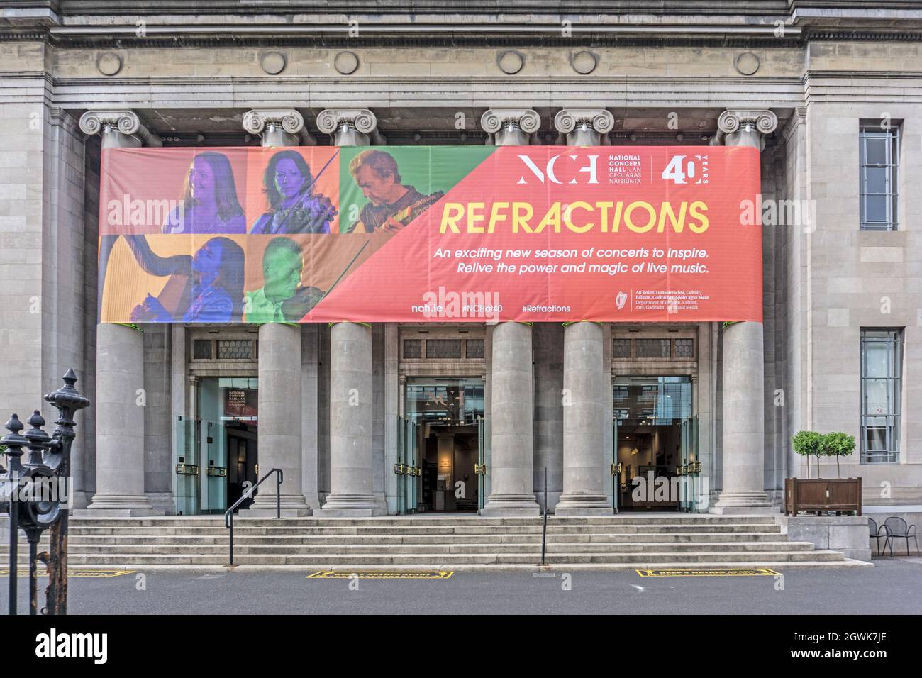 The National Concert Hall in Earlsfort Terrace, Dublin, Ireland announcing their new season of live music, Refractions. Celebrating Chamber Music. Stock Photo