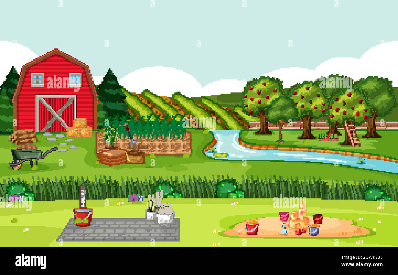 Farm scene with red barn in field landscape Stock Vector