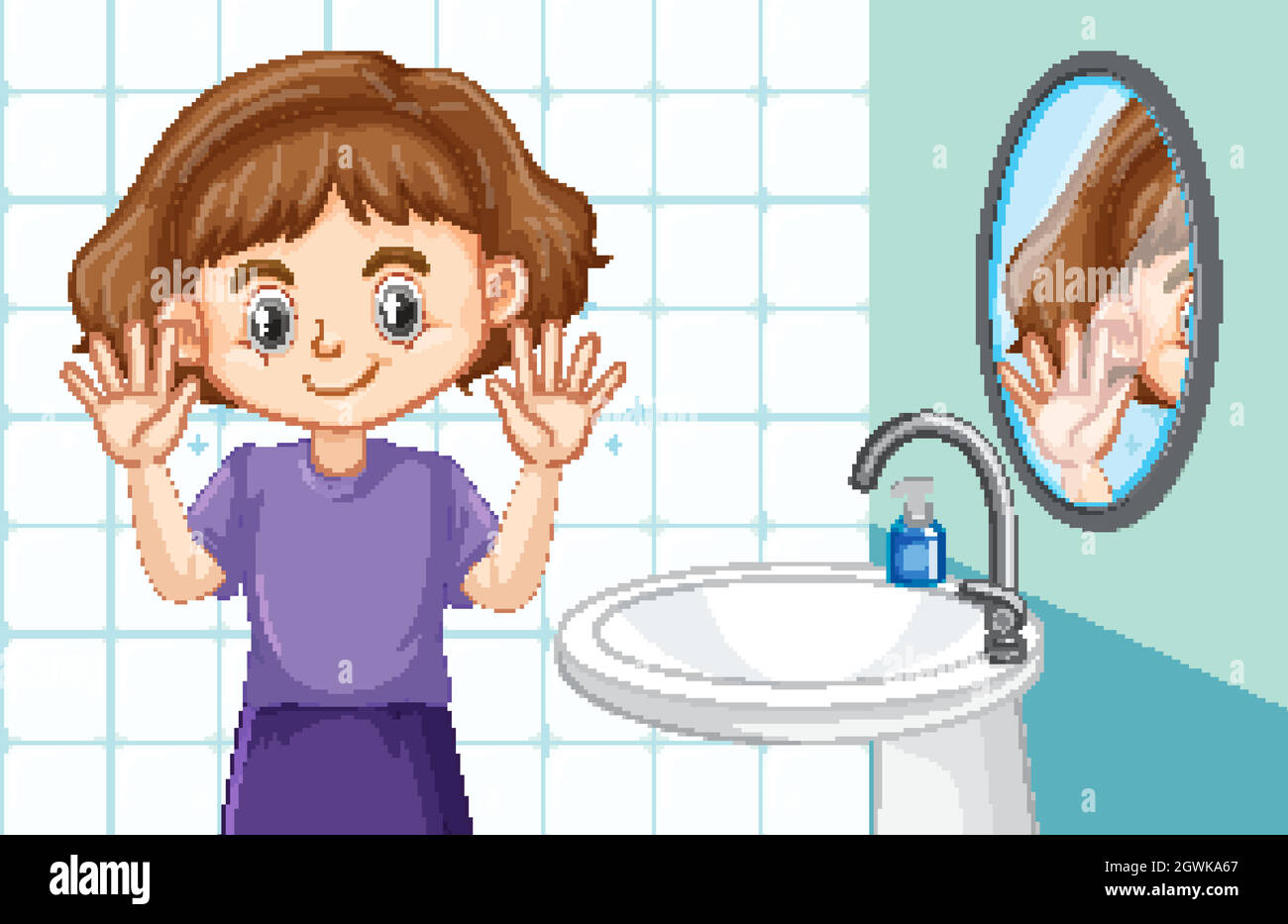 Cute girl cleaning hands in the toilet Stock Vector