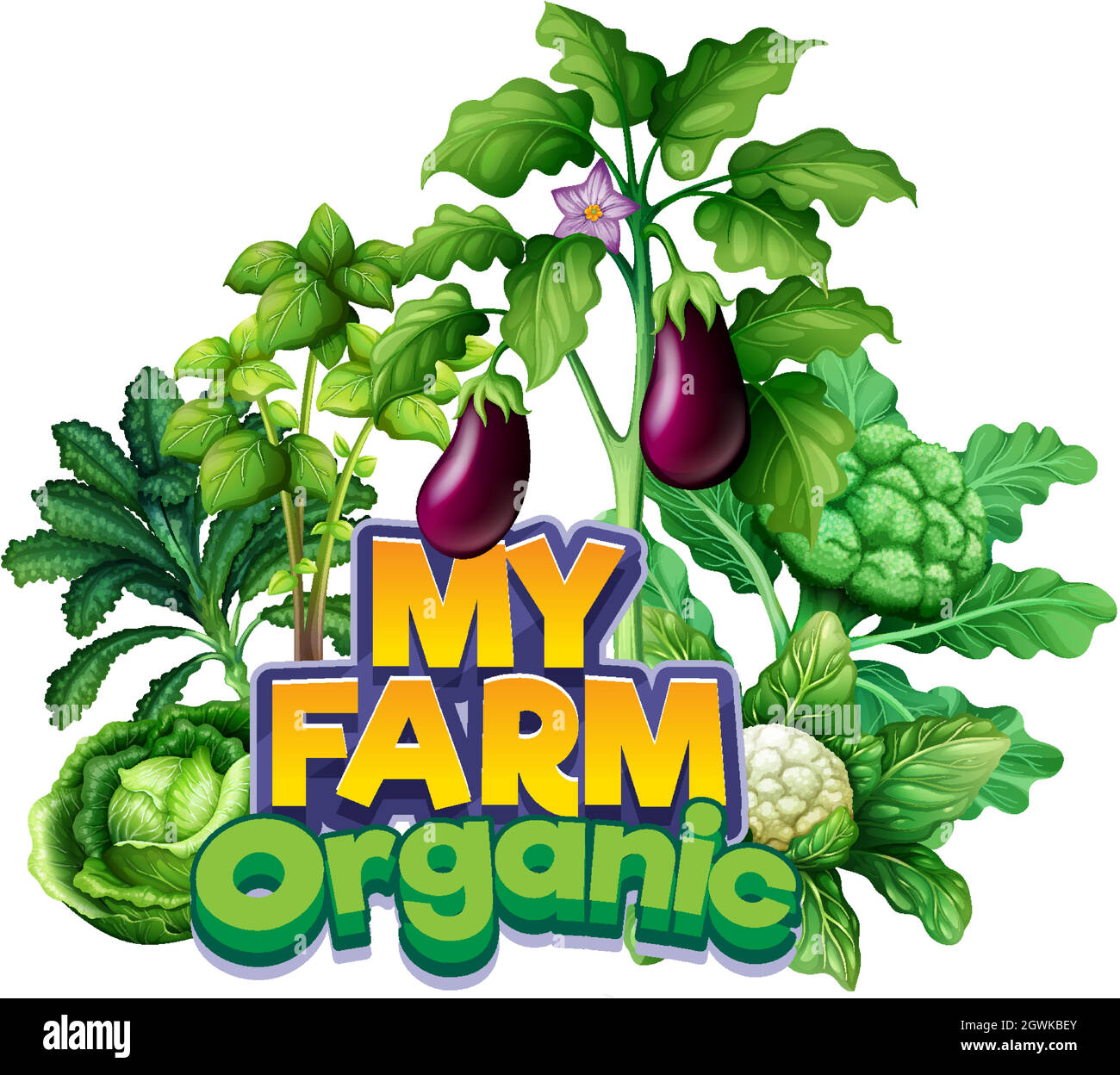 Font design for word my farm with different types of vegetables Stock