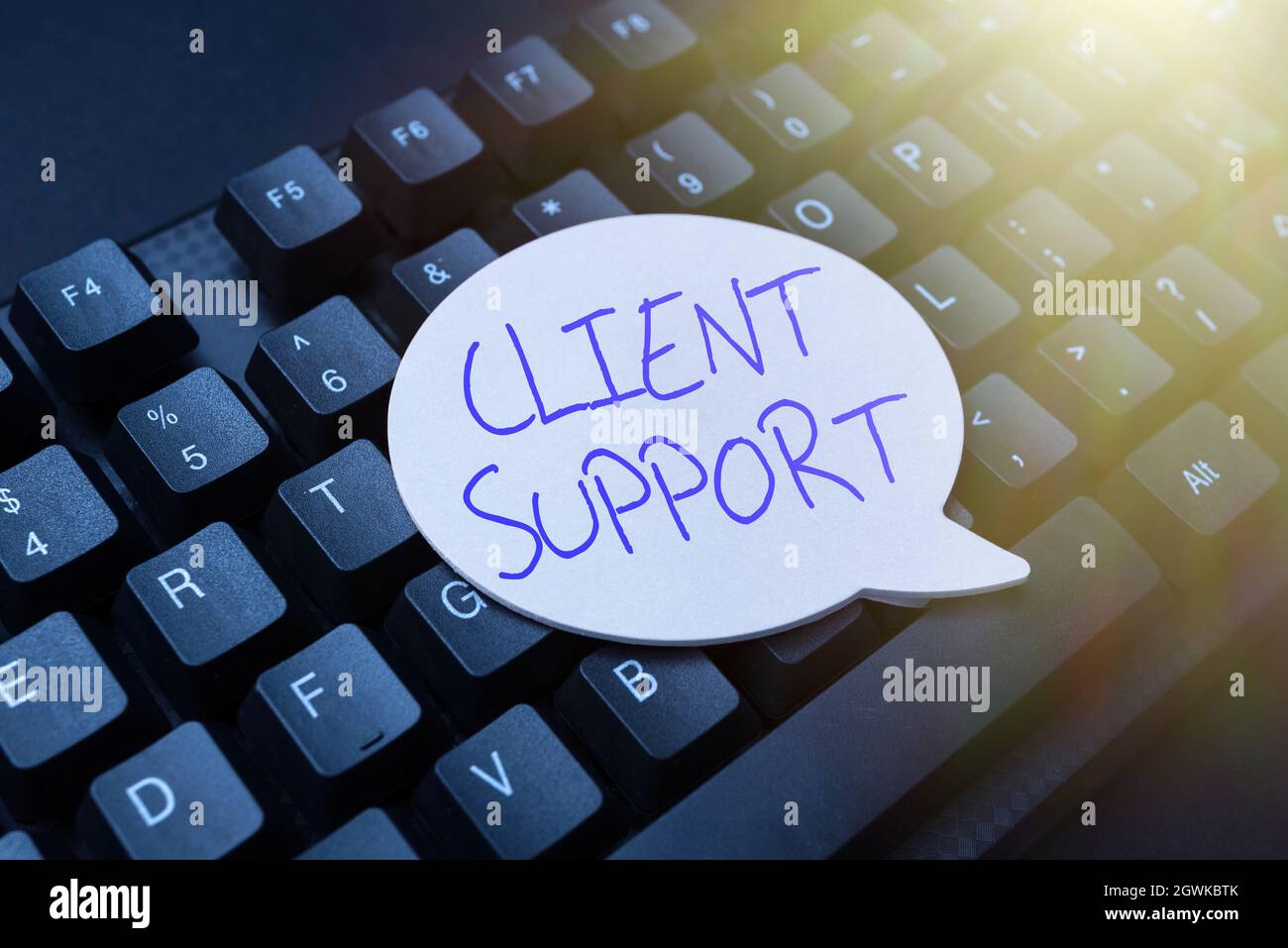 Inspiration showing sign Client Support. Business overview focus on ...