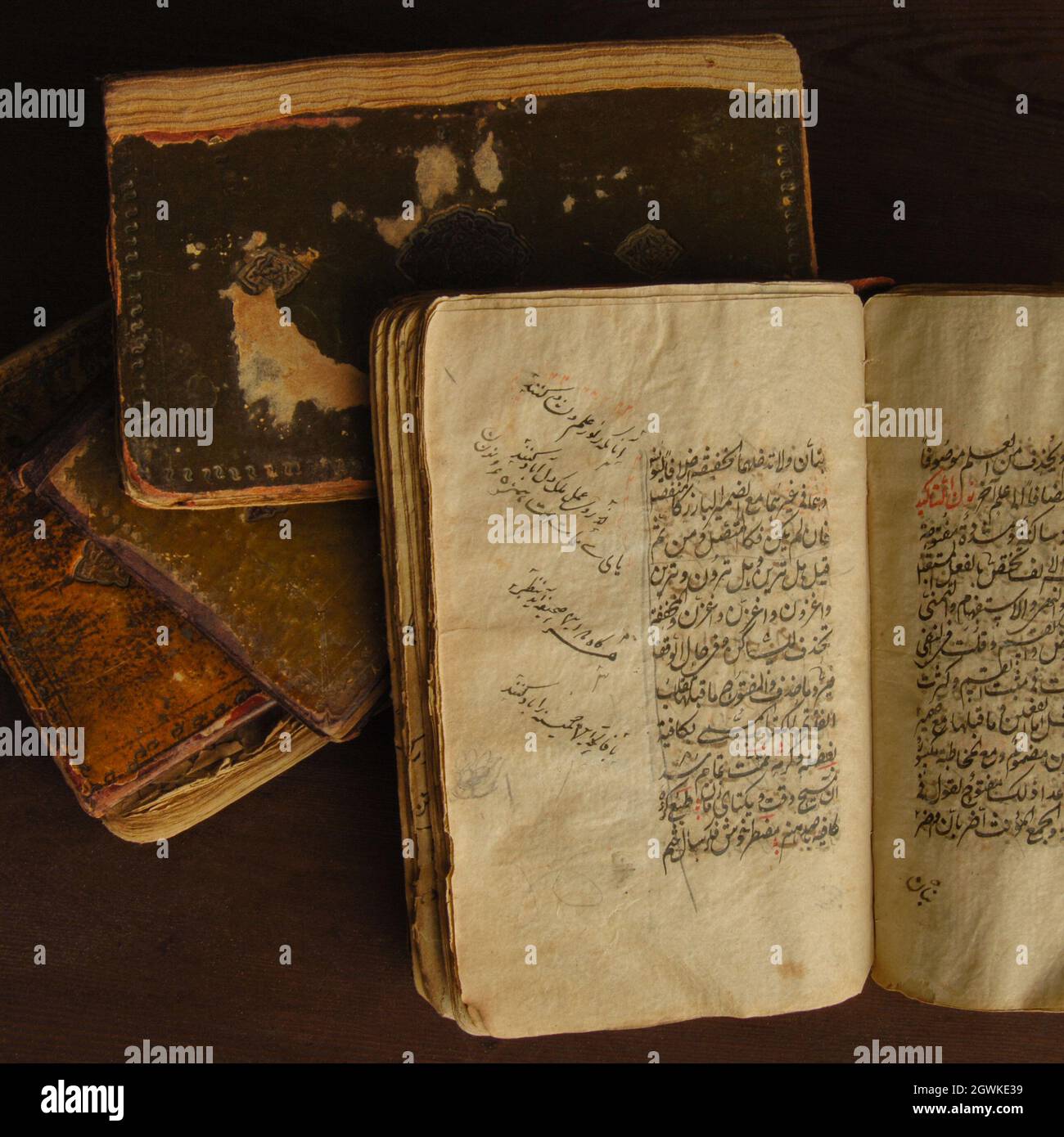 Stack of open ancient books in Arabic. Old Arabic manuscripts and texts