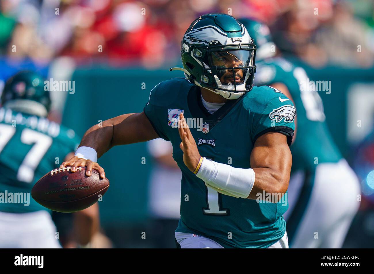 Philadelphia, Pennsylvania, USA. 3rd Oct, 2021. Philadelphia Eagles  quarterback Jalen Hurts (1) in action during the NFL game between the  Kansas City Chiefs and the Philadelphia Eagles at Lincoln Financial Field in