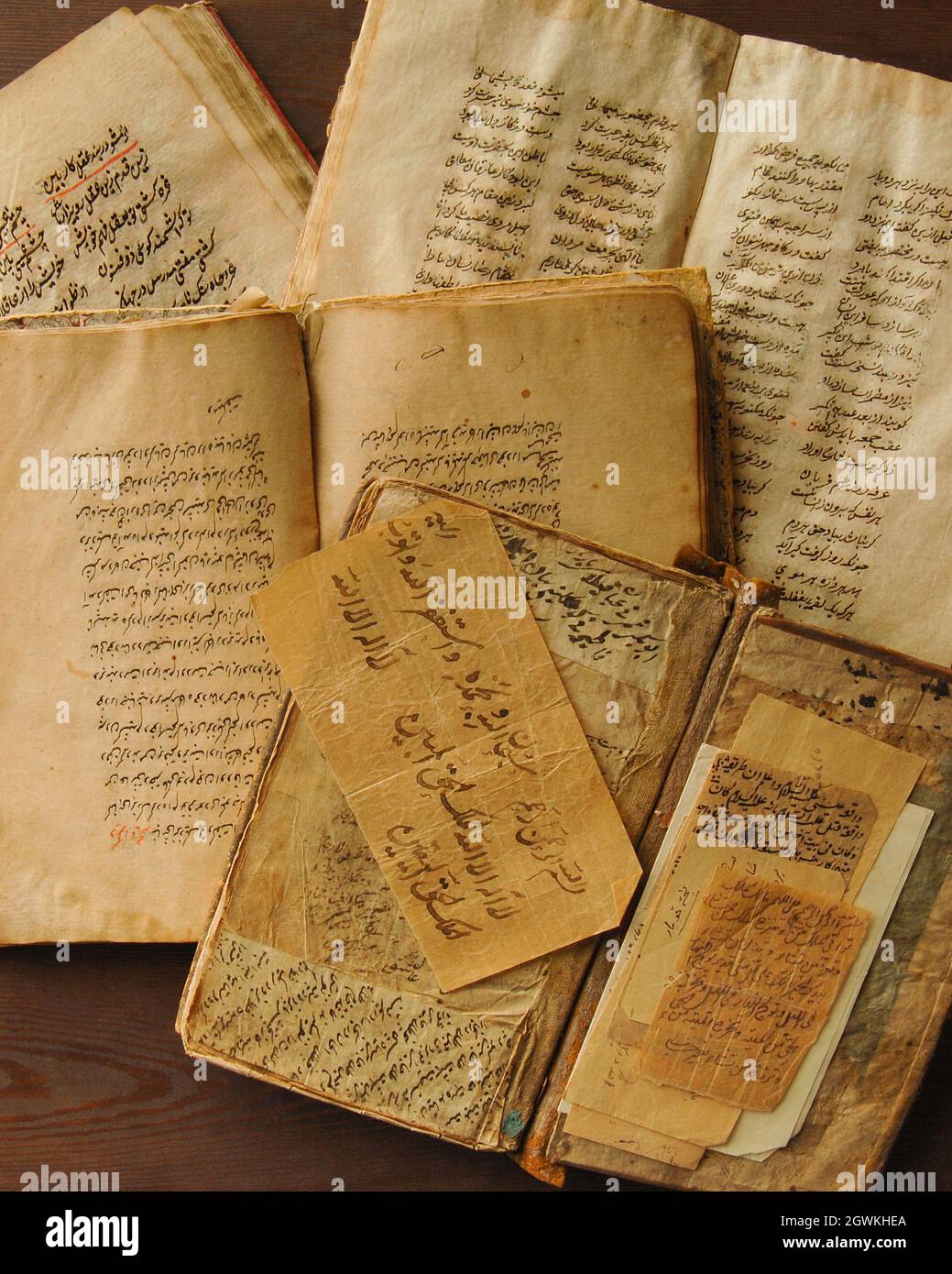 Stack of open ancient books in Arabic. Old Arabic manuscripts and texts