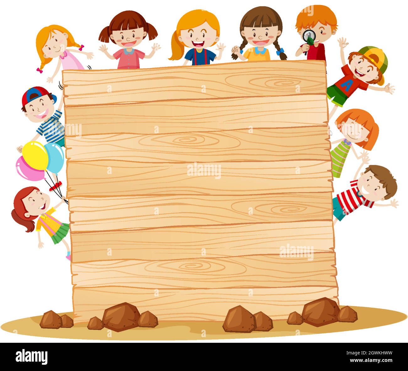 Frame template with happy kids around wooden board Stock Vector
