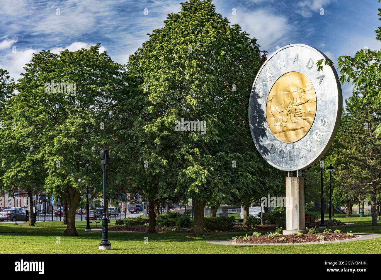 The bi-metallic Toonie monument is in Campbellford, Ontario, Canada. Stock Photo