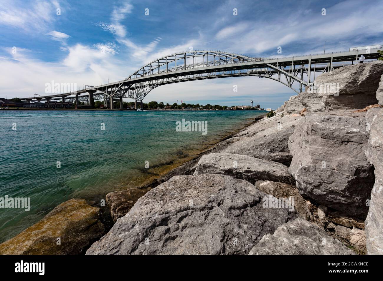 The Bluewater Bridge connects Canada (at Ontario) to the U.S. (at Michigan). Stock Photo