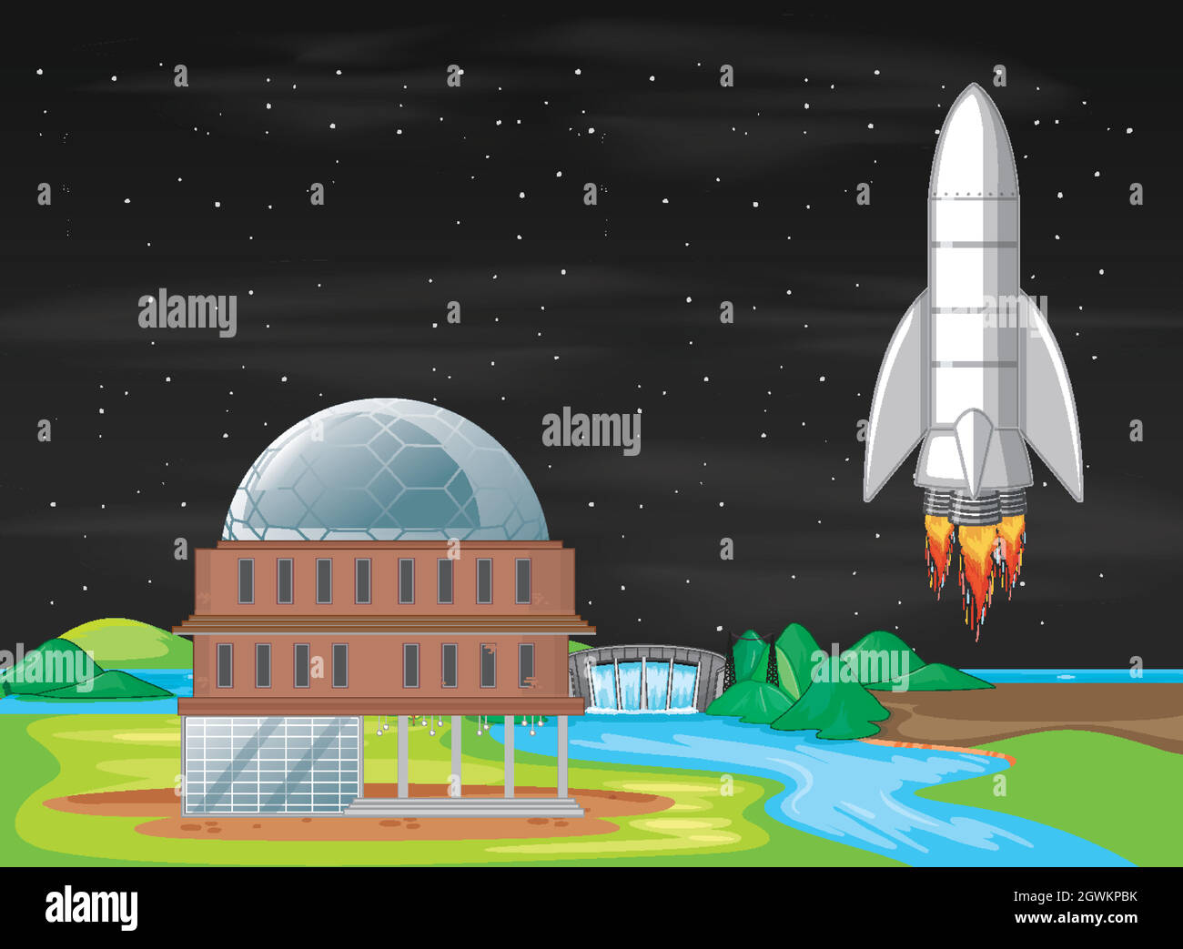Scene with spaceship flying in the sky Stock Vector Image & Art - Alamy