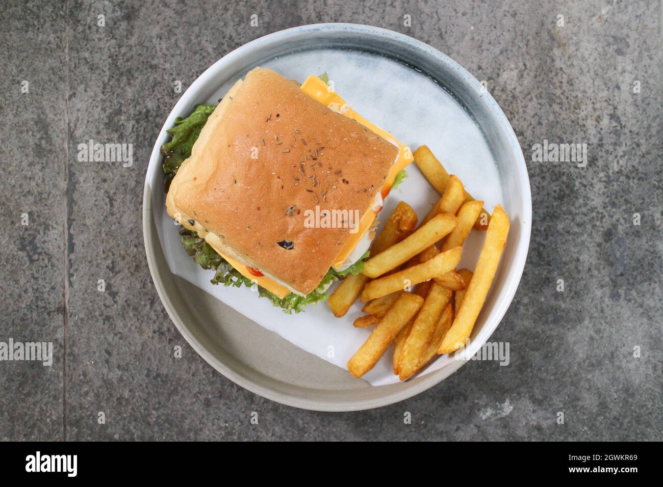 Homemade Sandwich With Focaccia Bread, Double Melted Cheese And Serve