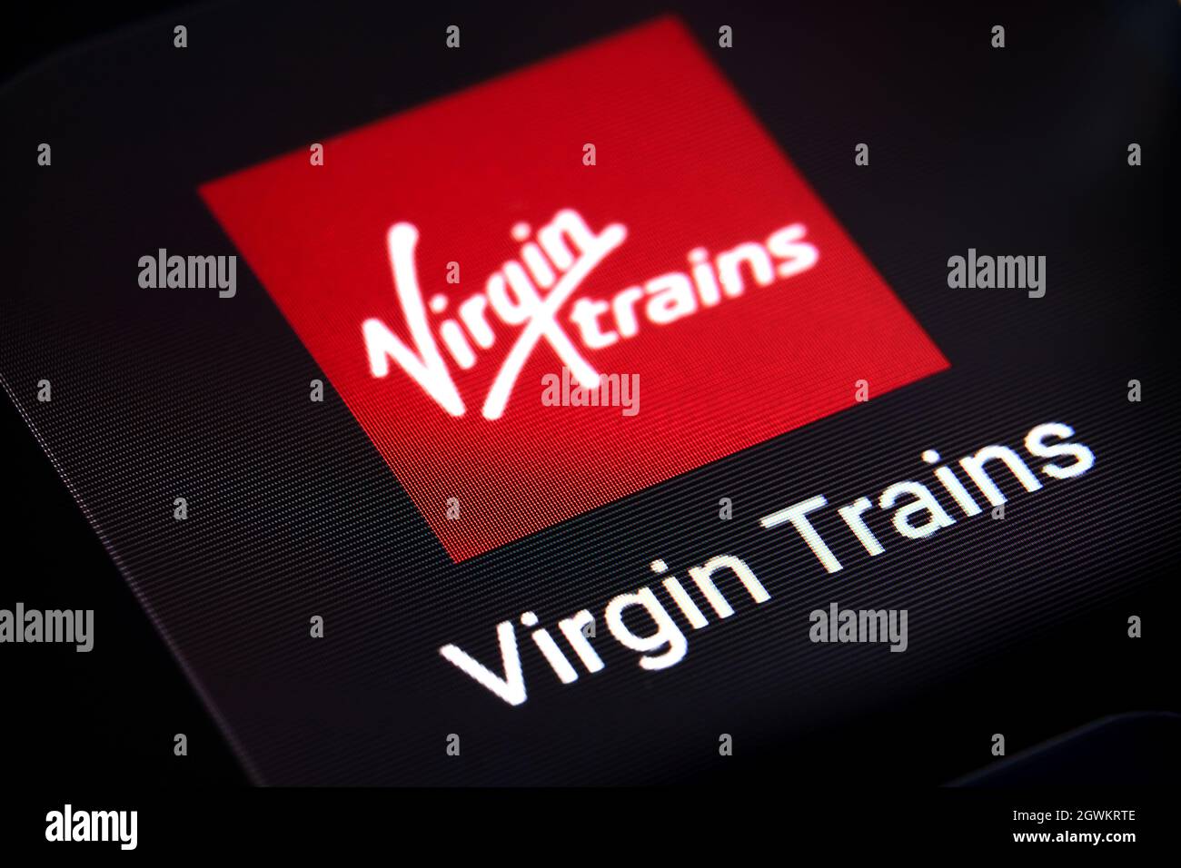 Virgin Trains app seen on the screen of smartphone. Macro. Concept. Stafford, United Kingdom, October 3, 2021. Stock Photo