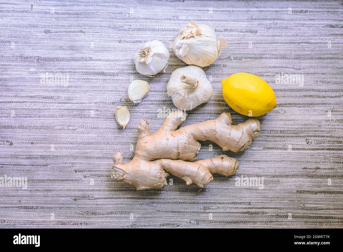 Top view of ginger, lemon and garlic. Immune system boosters Stock Photo