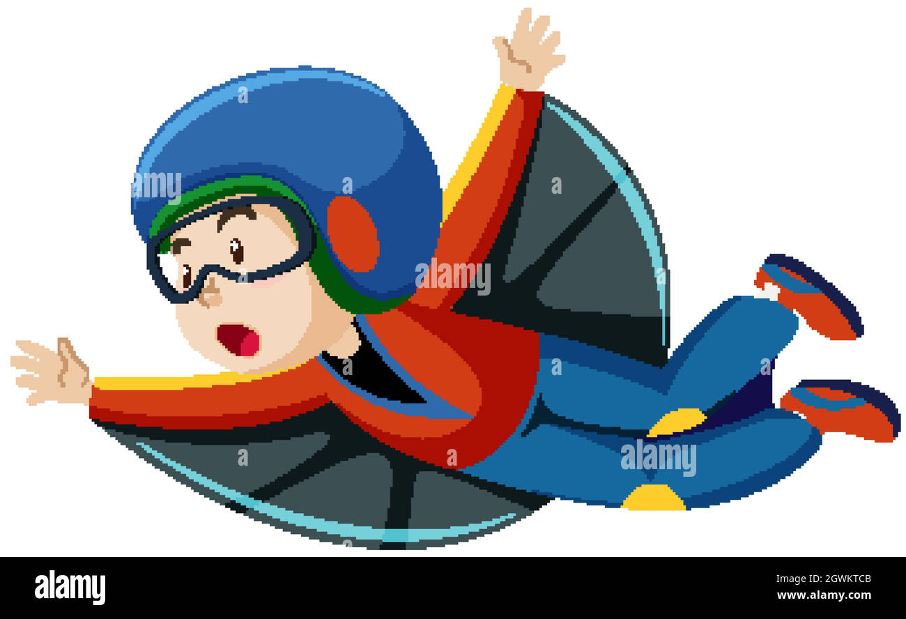Boy wearing flying costume with flying position cartoon character isolated on white background Stock Vector