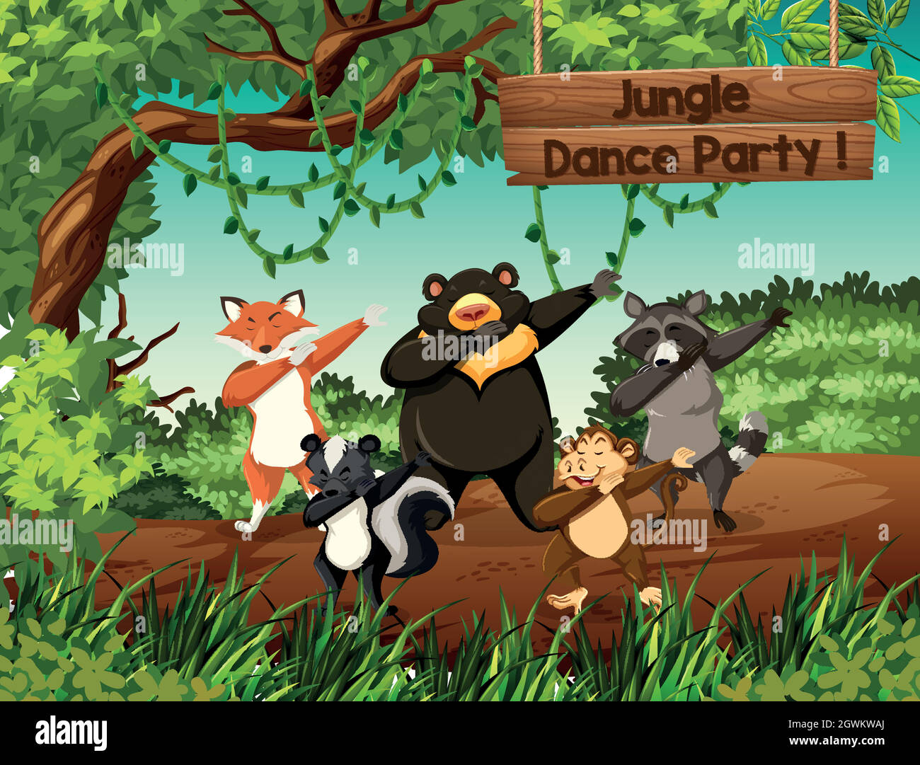 Wild animals jungle dance party Stock Vector