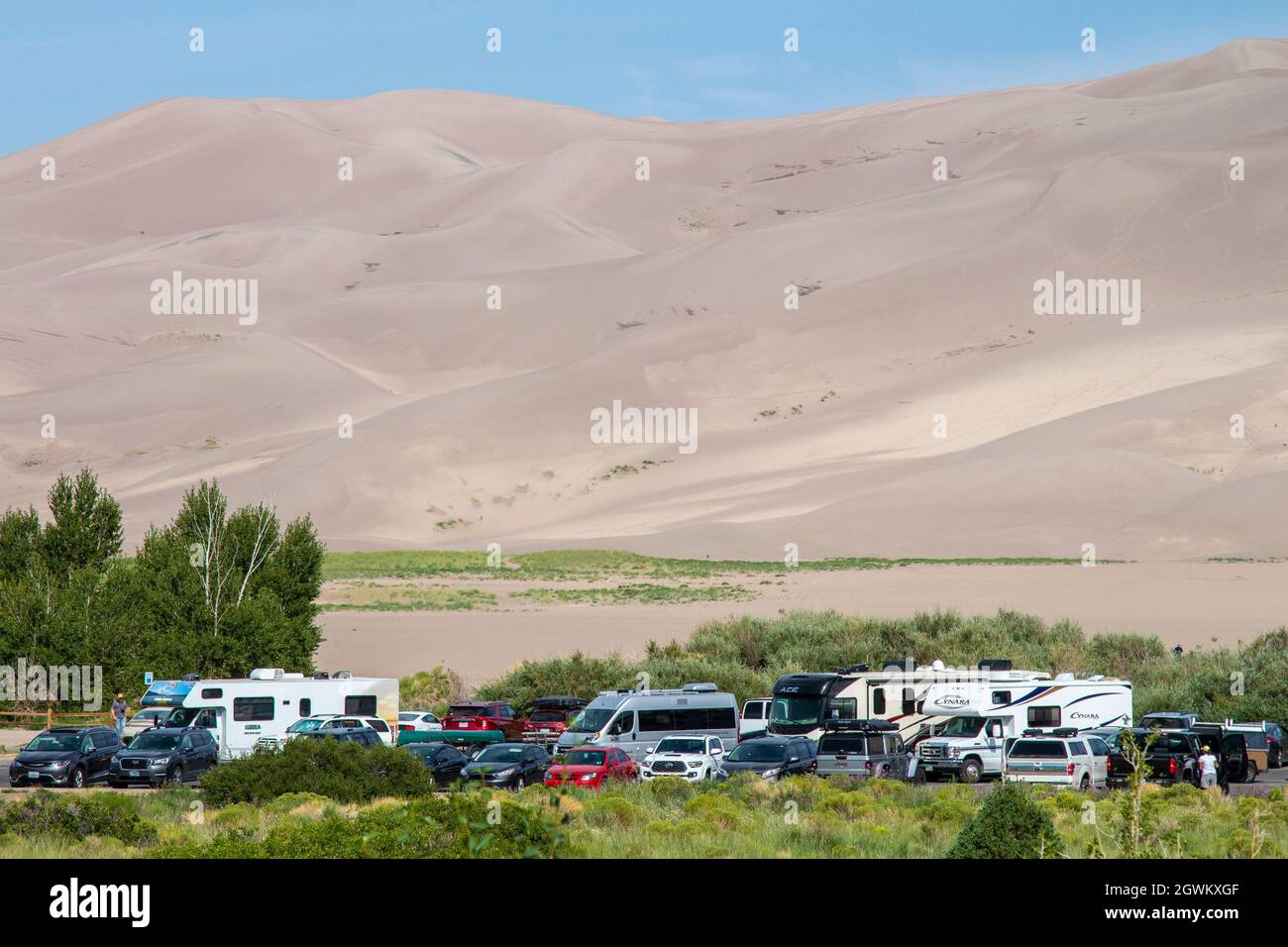 A crowded, full parking lot during summer of 2021 and the Covid19 ...