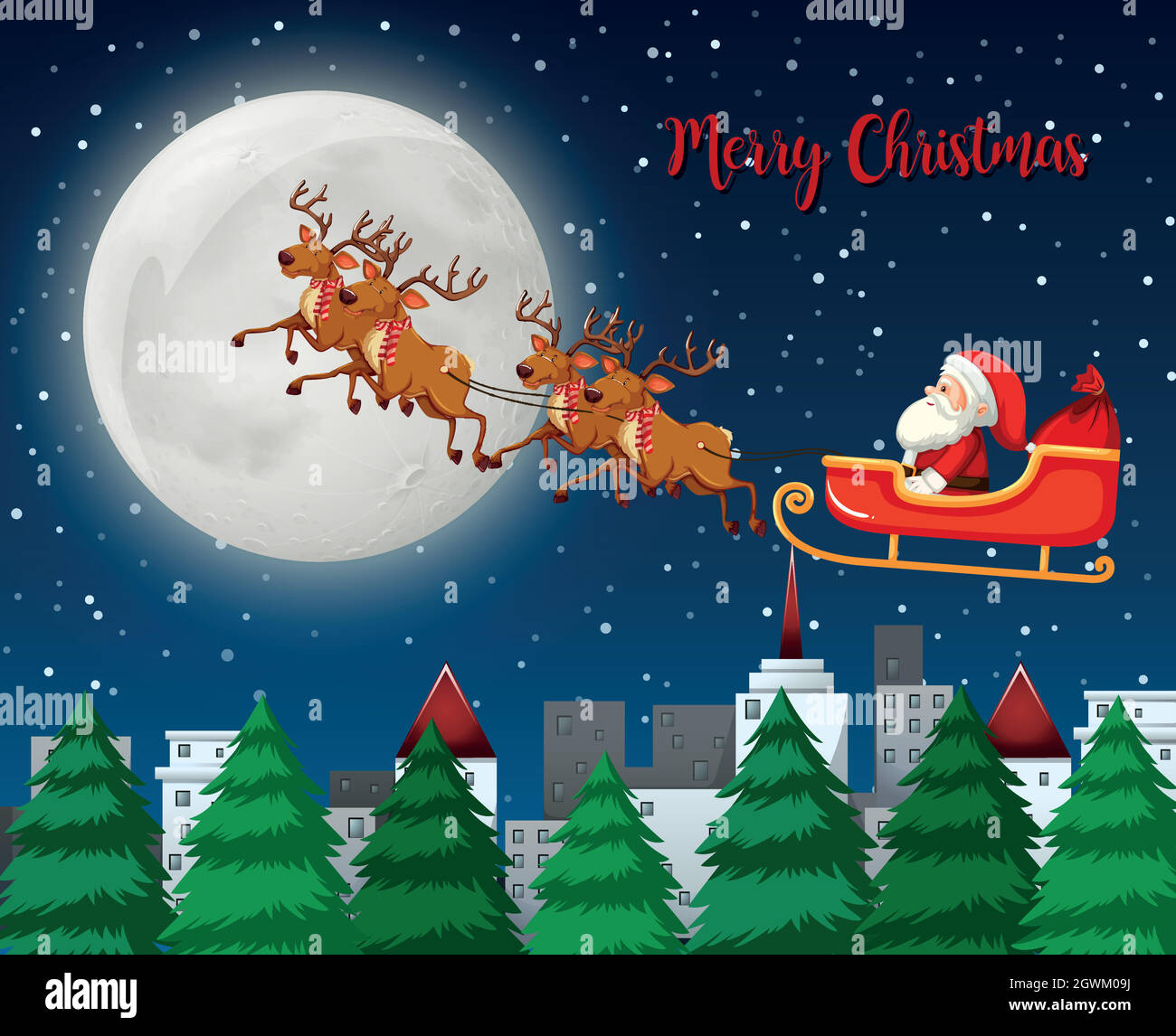 Merry Christmas santa sleigh with reindeer Stock Vector