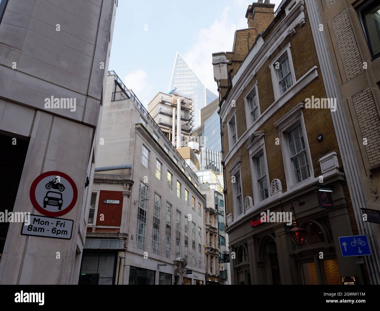 London, Greater London, England, September 21 2021: Motor vehicles prohibited road sign and a mixture of properties in the City of London. Stock Photo