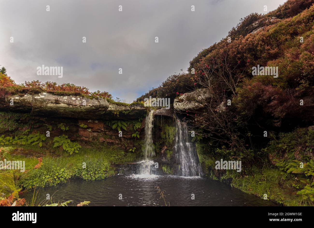 Small twin waterfall on the MOD military ranges Otterburn Northumberland Stock Photo