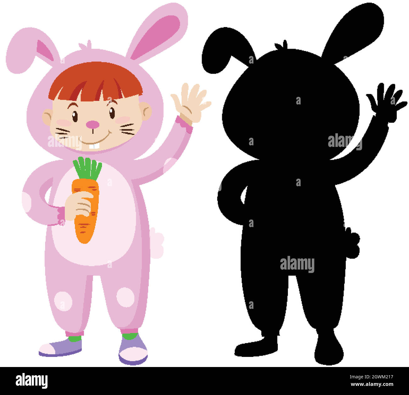 Kid wearing rabbit costume with its silhouette Stock Vector