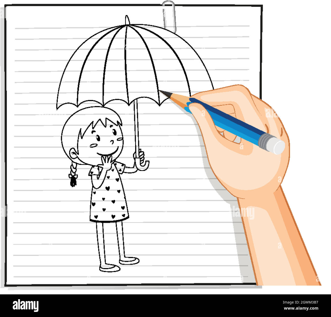 Hand writing of girl holding umbrella outline Stock Vector