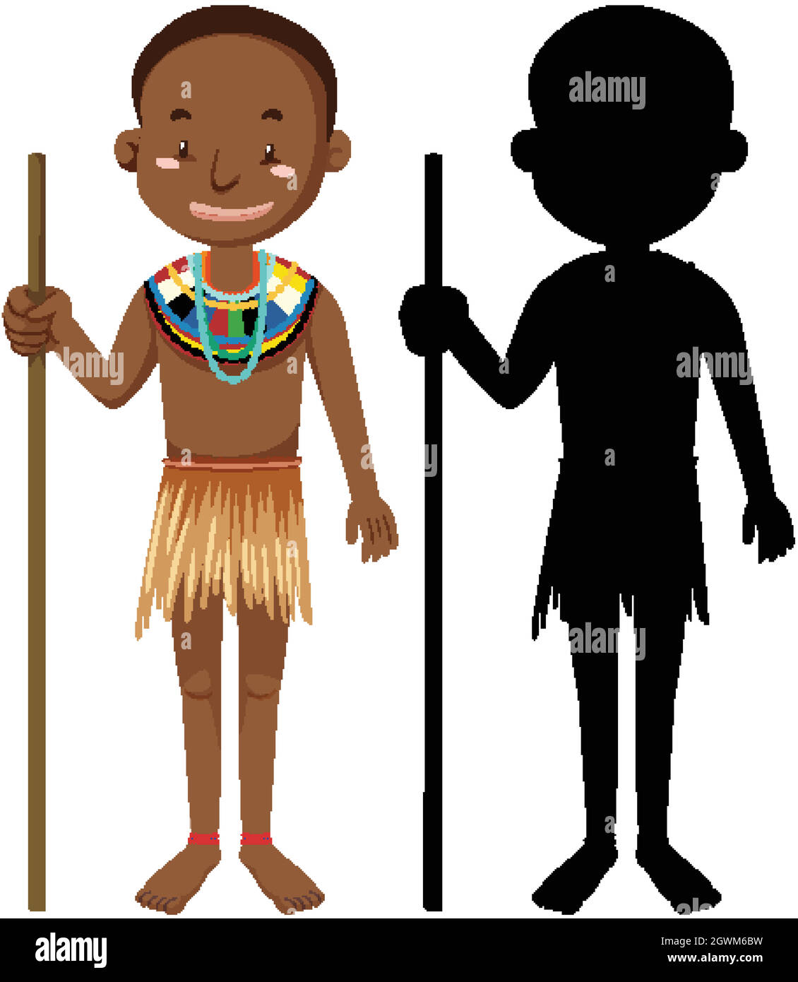 Set of people of African tribes character with its silhouette Stock Vector