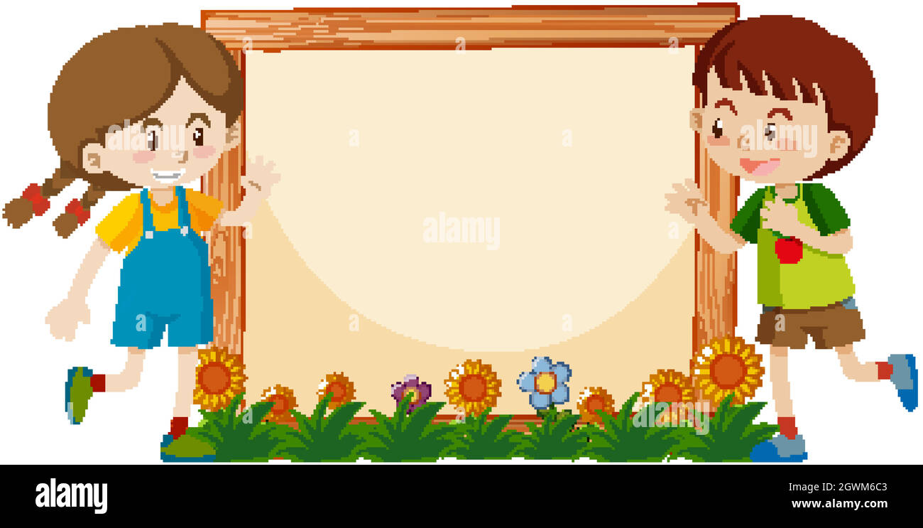 Frame template with happy boy and girl in garden Stock Vector