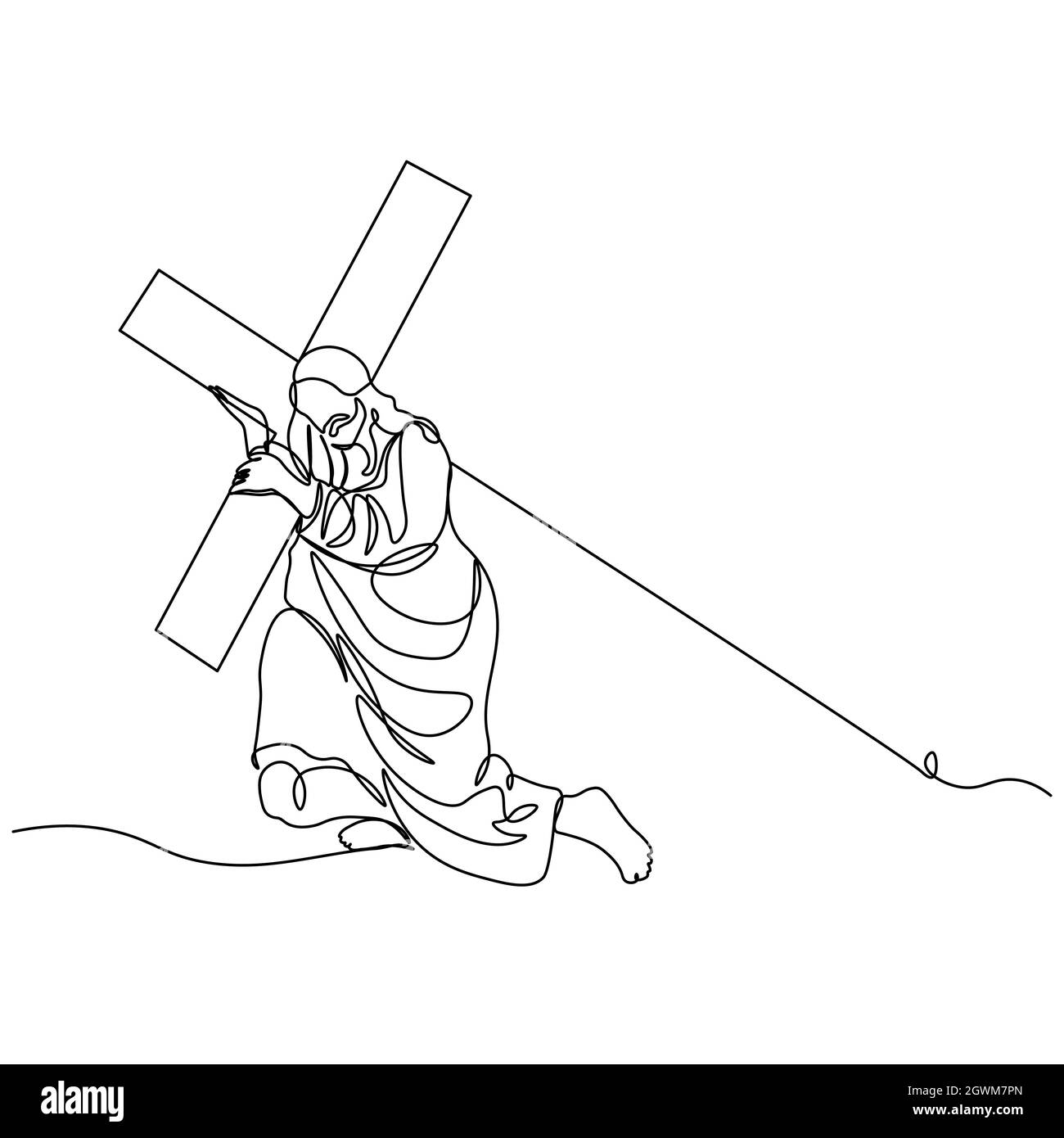 One continuous single drawn line art doodle spirituality cross, crucifixion Jesus Christ .Isolated image of a hand drawn outline on a white background Stock Vector