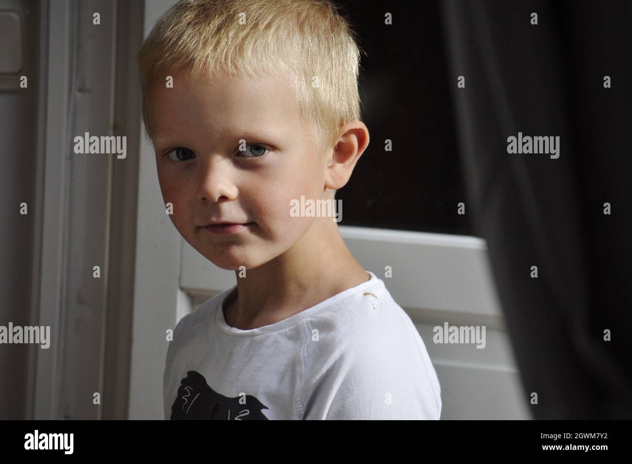 Portrait Of Cute Boy At Home Stock Photo