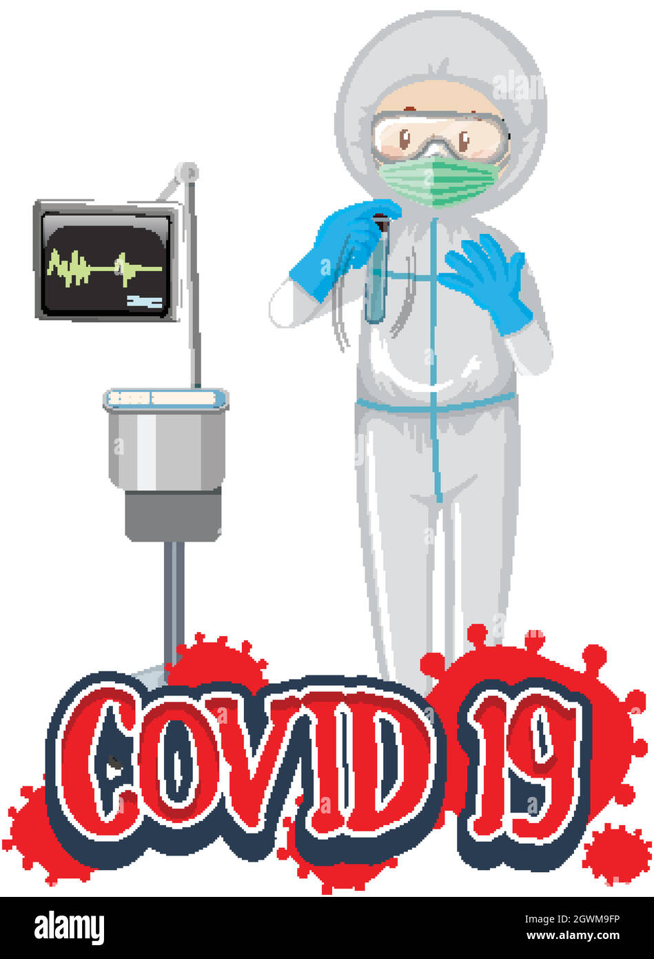 Poster design for coronavirus theme with doctor in hazmat suit Stock Vector