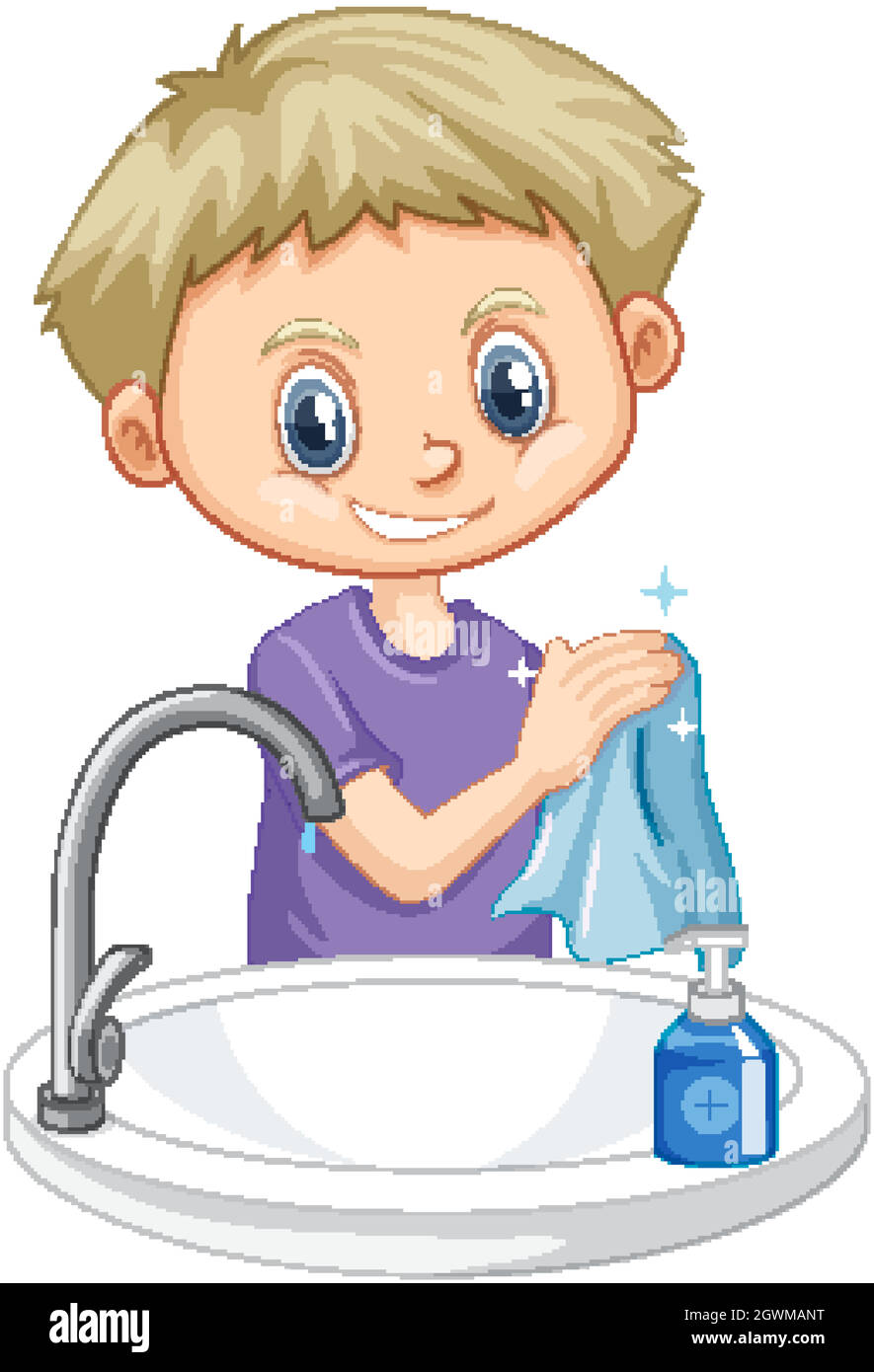 Boy cleaning hands on white background Stock Vector